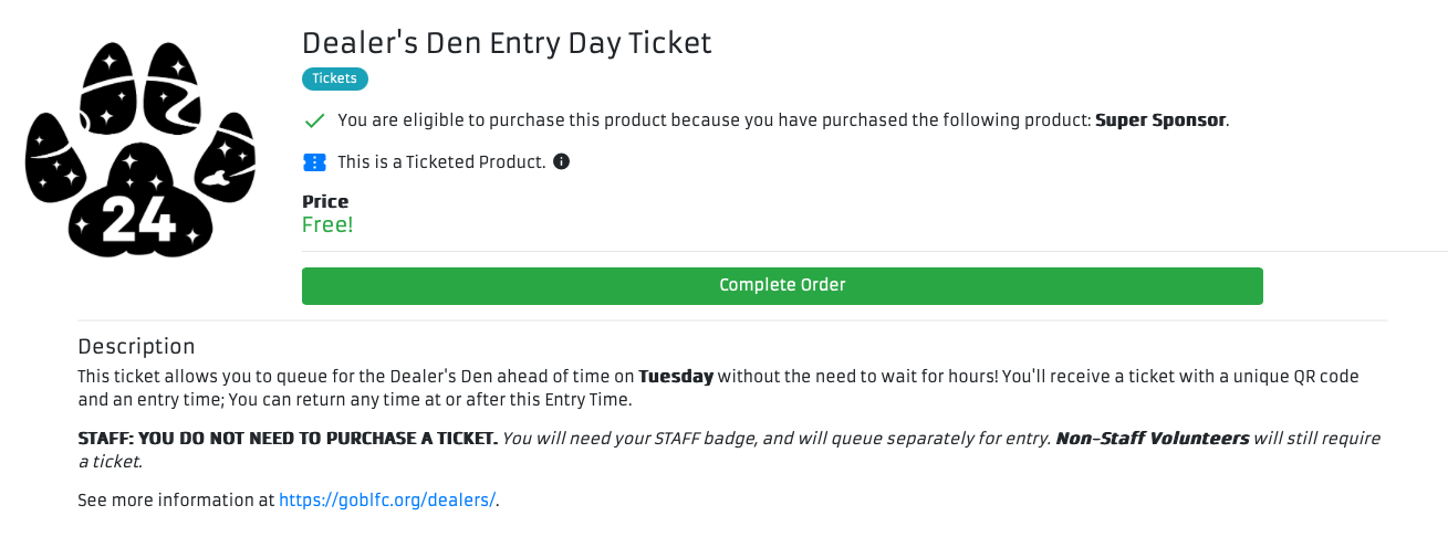 Screenshot of obtaining a Dealers Den entry ticket in ConCat