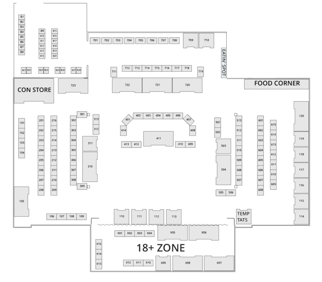 Map of the Dealers Den, Bazaar, and Black Market, with tables and booths numbered.