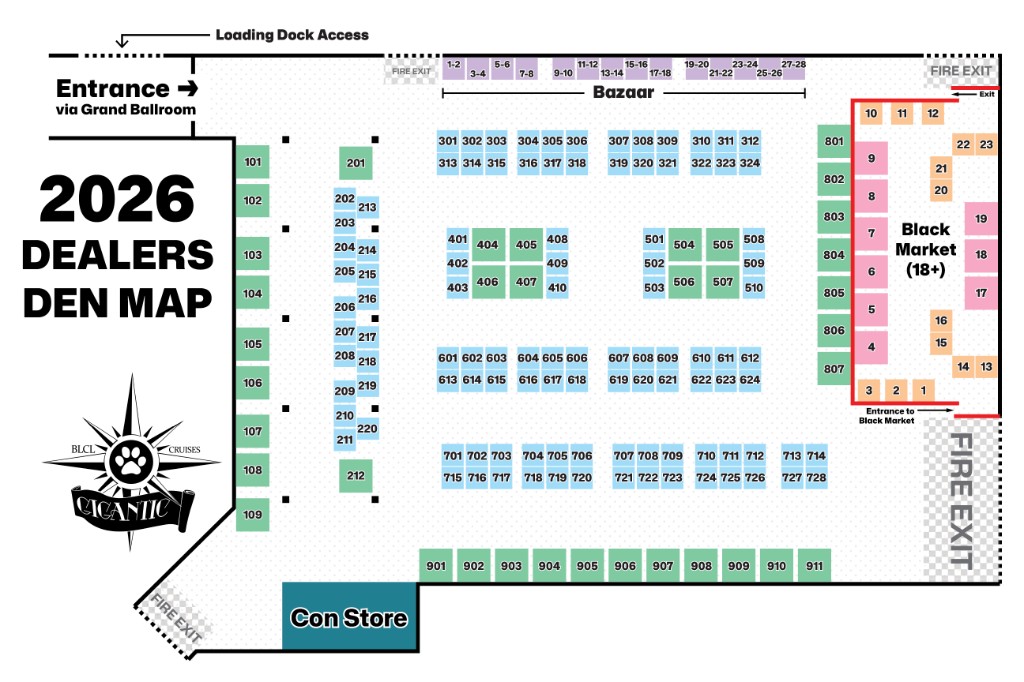 Map of the Dealers Den, Bazaar, and Black Market with numbered booths
