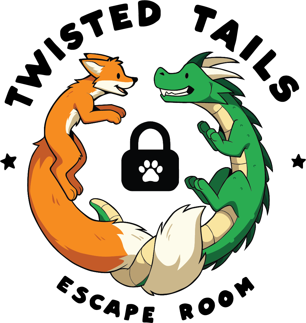 Twisted Tails logo: an orange fox and green dragon with intertwined tails around a padlock with a paw print