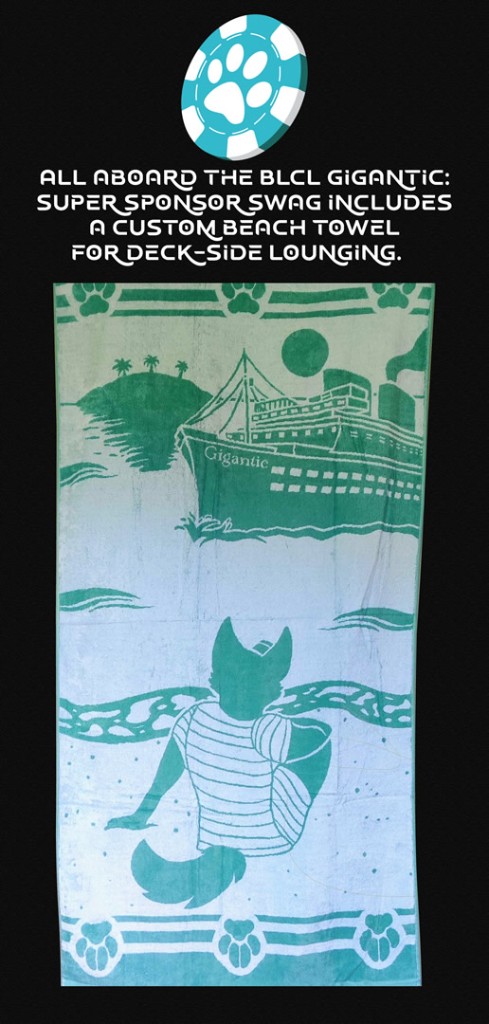 BLCL Gigantic custom beach towel with seafoam green print of the cruise ship Gigantic, a palm island, waves, and a furry character on the beach, with paw-print borders.