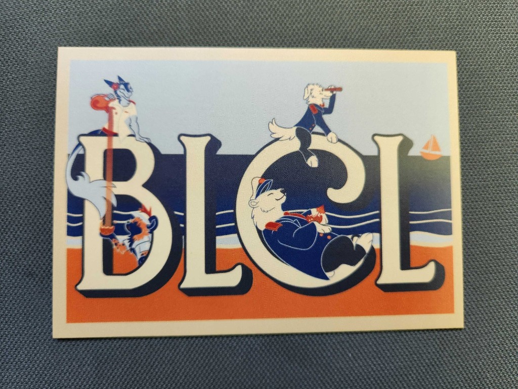 Retro nautical BLFC postcard with anthropomorphic sailor characters lounging on large BLFC letters at the beach.