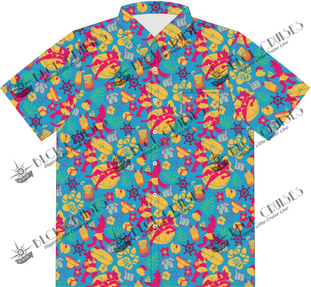 Turquoise BLCL Cruises Hawaiian shirt with a tropical pattern of floats, flowers, drinks, and nautical icons.