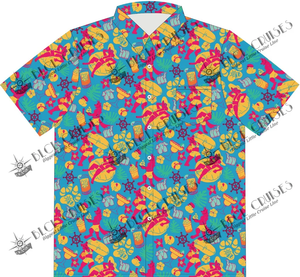 Turquoise BLCL Cruises Hawaiian shirt with a tropical pattern of floats, flowers, drinks, and nautical icons.