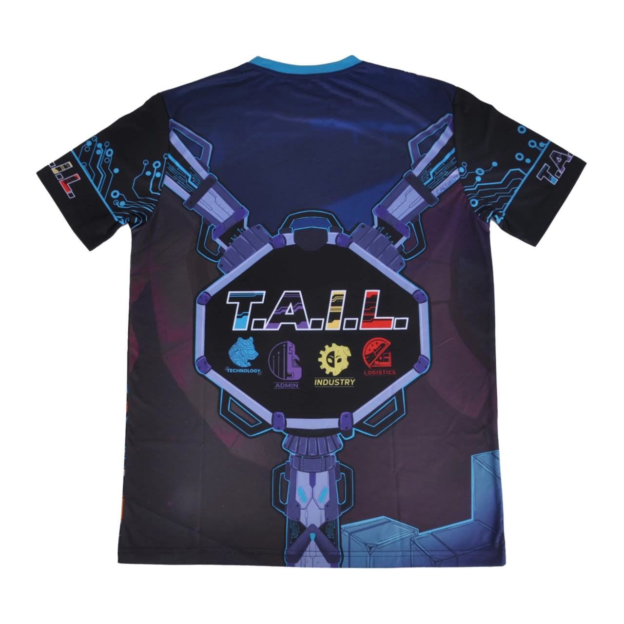 Back side of the same shirt. It prominently displays the acronym "T.A.I.L." with the name of each of the four factions: Technology, Admin, Industry, and Logistics.