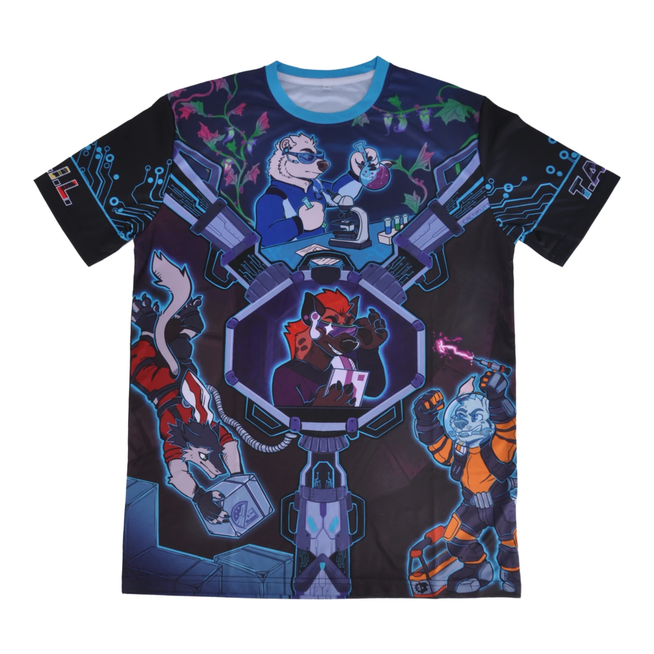 The front side of a dark blueish space-themed convention shirt, with the design covering the entirety of the shirt. It features BLFC's four characters, with one in the center and the other three in different corners of the shirt.