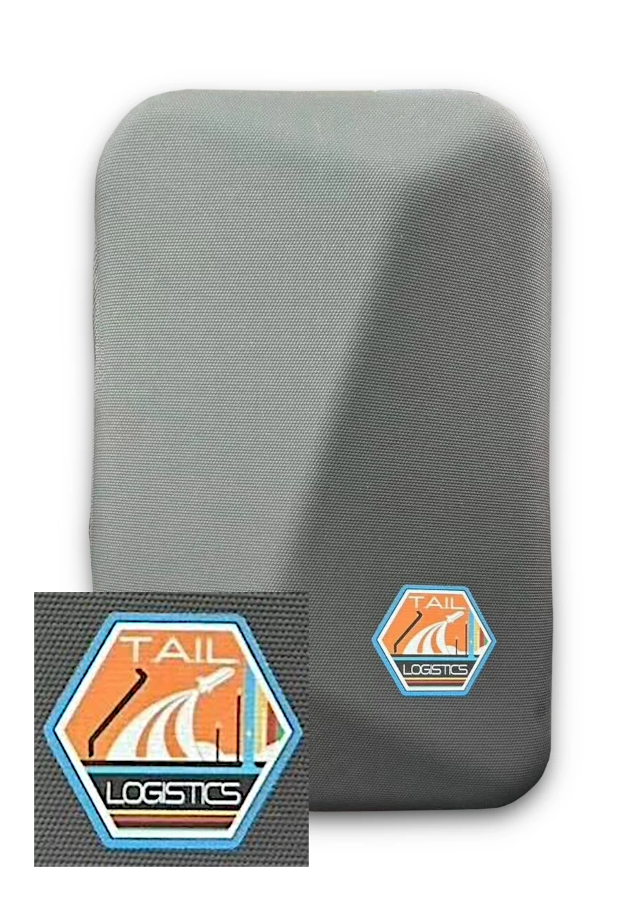 A gray backpack with a T.A.I.L. Logistics logo in the corner.