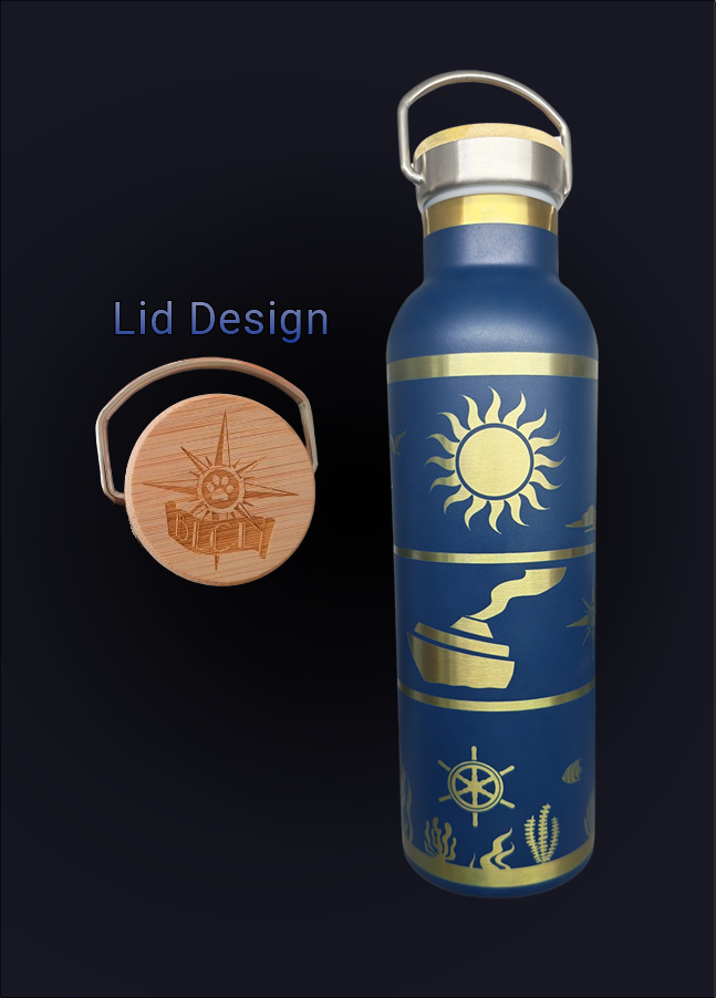Navy insulated BLFC water bottle with gold nautical engravings of a sun, cruise ship, and ship's wheel, plus a wood lid with DCLT logo.
