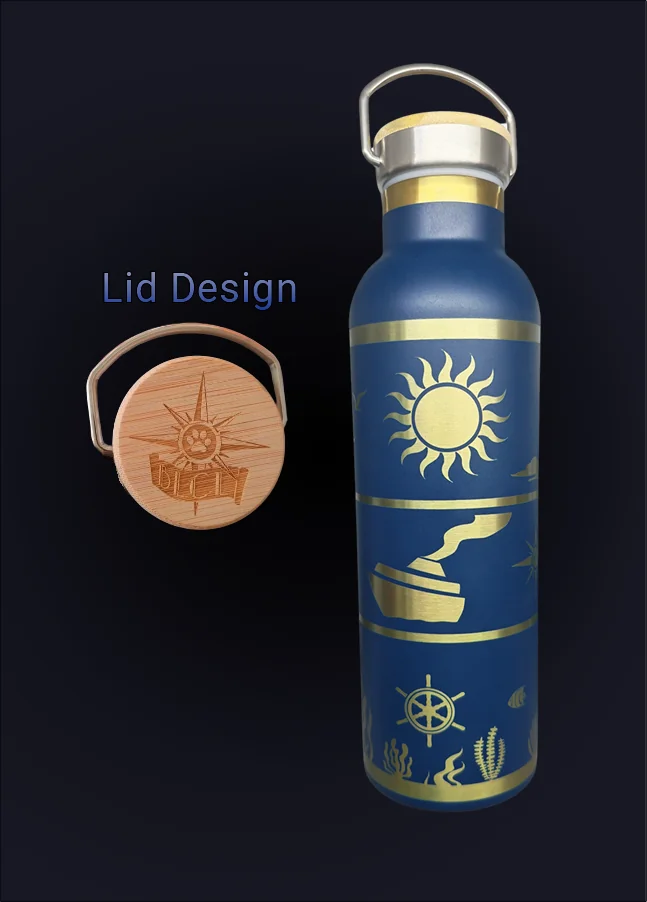 Navy insulated BLFC water bottle with gold nautical engravings of a sun, cruise ship, and ship's wheel, plus a wood lid with DCLT logo.